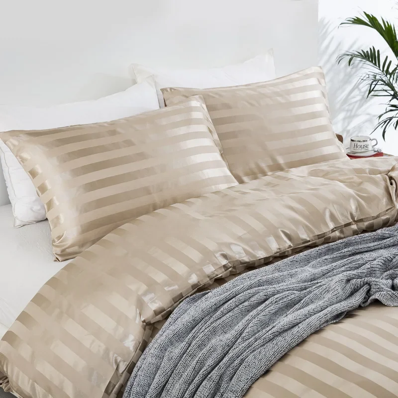 Satin Striped Duvet Cover Twin/Full/Queen/King/Single/Double Size Set, Luxury Silky Like Khaki Stripe Duvet Cover Bedding Set - Image 4