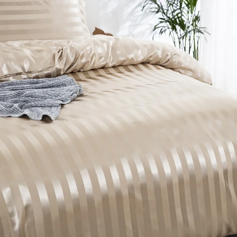 Satin Striped Duvet Cover Twin/Full/Queen/King/Single/Double Size Set, Luxury Silky Like Khaki Stripe Duvet Cover Bedding Set - Image 5