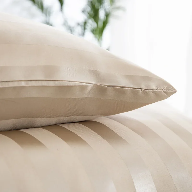 Satin Striped Duvet Cover Twin/Full/Queen/King/Single/Double Size Set, Luxury Silky Like Khaki Stripe Duvet Cover Bedding Set - Image 6