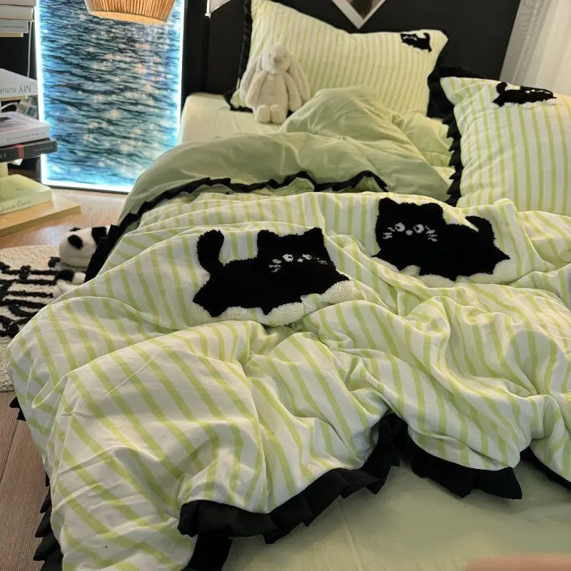 Pink Striped Cat Embroidery Bedding Set Korean Style Washing Cotton Cute Cardboard Duvet Cover Bed Sheet Pillowcases 3/4pcs - Image 2