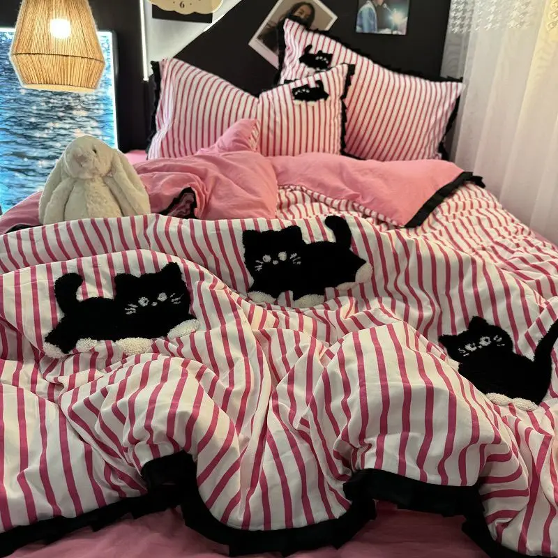 Pink Striped Cat Embroidery Bedding Set Korean Style Washing Cotton Cute Cardboard Duvet Cover Bed Sheet Pillowcases 3/4pcs - Image 5