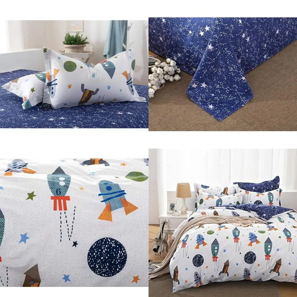 Cotton 3-Piece Space Galaxy Duvet Cover Set for Boys - Twin Size Bedding (Cover + Flat Sheet + Pillowcase)