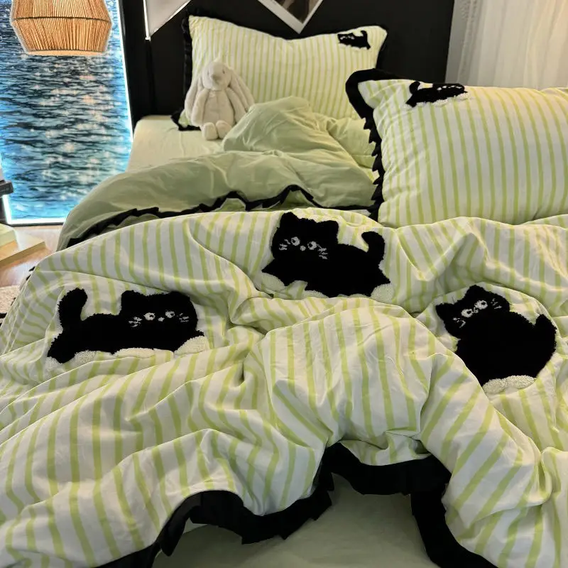 Pink Striped Cat Embroidery Bedding Set Korean Style Washing Cotton Cute Cardboard Duvet Cover Bed Sheet Pillowcases 3/4pcs - Image 3