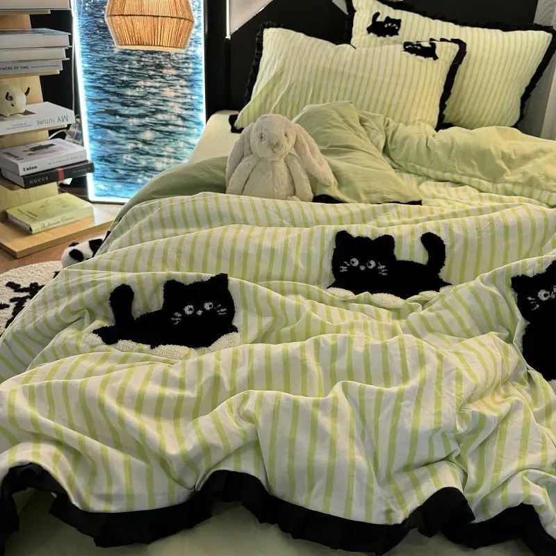 Pink Striped Cat Embroidery Bedding Set Korean Style Washing Cotton Cute Cardboard Duvet Cover Bed Sheet Pillowcases 3/4pcs - Image 4