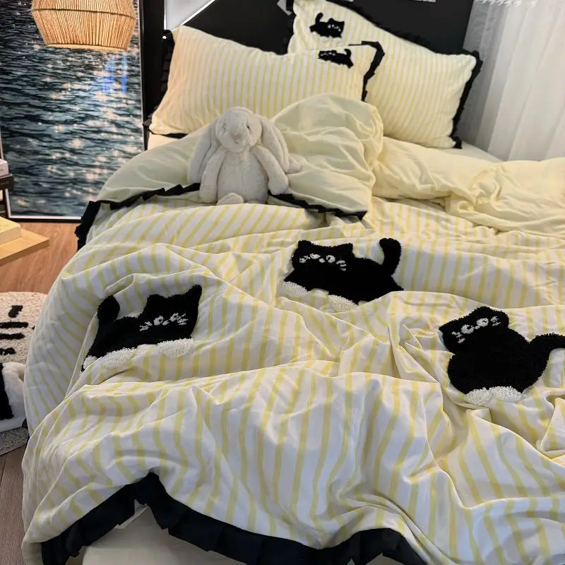 Pink Striped Cat Embroidery Bedding Set Korean Style Washing Cotton Cute Cardboard Duvet Cover Bed Sheet Pillowcases 3/4pcs - Image 6